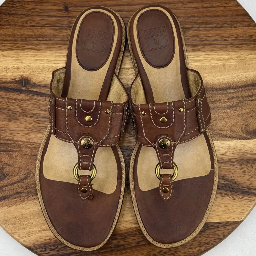 Frye Brown Leather Thong Sandals with Gold Hardware